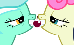 Size: 4361x2672 | Tagged: safe, artist:ironm17, bon bon, lyra heartstrings, sweetie drops, hearts and hooves day (episode), absurd resolution, biting, cherry, female, food, lesbian, lewd, lidded eyes, looking at each other, love, lyrabon, shipping, simple background, transparent background, vector