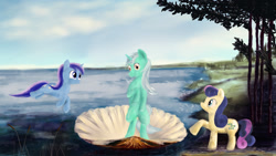 Size: 2000x1125 | Tagged: safe, artist:plotcore, bon bon, lyra heartstrings, minuette, sweetie drops, earth pony, pony, unicorn, fine art parody, the birth of venus, trio