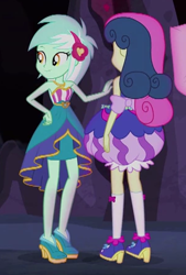 Size: 300x444 | Tagged: safe, screencap, bon bon, lyra heartstrings, sweetie drops, equestria girls, legend of everfree, clothes, crystal gala, dress, high heels, shoes, socks