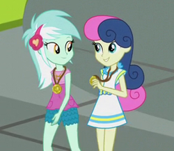 Size: 284x247 | Tagged: safe, screencap, bon bon, lyra heartstrings, sweetie drops, equestria girls, friendship games, medal