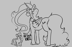 Size: 1280x838 | Tagged: dead source, safe, artist:greyscaleart, princess celestia, twilight sparkle, unicorn twilight, alicorn, pony, unicorn, alternate cutie mark, crown, editorial cutie mark, eyebrows visible through hair, female, filly, grayscale, jewelry, lineart, mare, monochrome, regalia, smol, speech, talking, the tiny apprentice, this will end in conquest, tyrant sparkle, worried