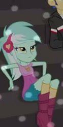 Size: 186x375 | Tagged: safe, screencap, flash sentry, lyra heartstrings, equestria girls, friendship games, bleachers, boots, clothes, high heel boots, lyra is not amused, shorts, sitting, socks