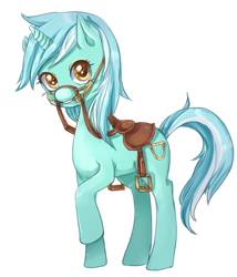 Size: 458x534 | Tagged: safe, artist:shiwizilla, lyra heartstrings, bit, bridle, cropped, cute, reins, saddle, simple background, solo, stirrups, tack, white background