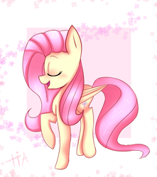 Size: 798x904 | Tagged: safe, artist:tiadrawsz, fluttershy, pegasus, pony, eyes closed, female, folded wings, mare, open mouth, raised hoof, smiling, solo, standing