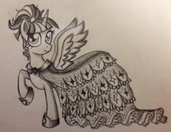 Size: 960x745 | Tagged: safe, artist:leffenkitty, derpibooru import, twilight sparkle, twilight sparkle (alicorn), alicorn, pony, alternate hairstyle, clothes, dress, female, mare, monochrome, solo, traditional art