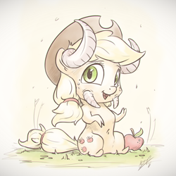 Size: 960x960 | Tagged: safe, artist:assasinmonkey, applejack, earth pony, pony, apple, belly button, chibi, cute, food, horns, jackabetes, looking at you, monster, solo, wat