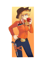 Size: 2480x3508 | Tagged: safe, artist:pk4g, applejack, human, apple, clothes, food, gun, handgun, humanized, jeans, pants, revolver, shirt, solo, weapon