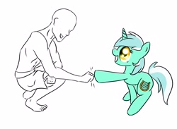 Size: 2560x1877 | Tagged: safe, artist:vincher, lyra heartstrings, oc, oc:anon, human, pony, unicorn, duo, fist bump, hoofbump, partial color, simple background, smiling, white background