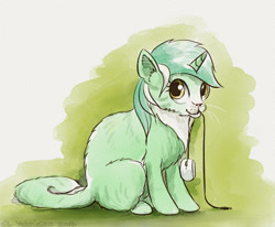 Size: 846x697 | Tagged: safe, artist:el-yeguero, lyra heartstrings, cat, cat pony, original species, catified, computer mouse, mouth hold, simple background, sitting, solo, species swap