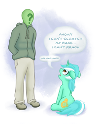 Size: 1081x1398 | Tagged: safe, artist:adequality, artist:mostazathy, lyra heartstrings, oc, oc:anon, human, pony, unicorn, behaving like a cat, cute, duo, female, floppy ears, frown, hand, horse problems, looking up, lyra doing lyra things, lyrabetes, mare, open mouth, scratching, simple background, that pony sure does love hands, white background