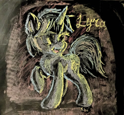 Size: 1321x1224 | Tagged: safe, artist:xbi, lyra heartstrings, pony, unicorn, chalk drawing, female, fluffy, looking back, mare, open mouth, raised hoof, smiling, solo, traditional art