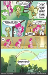 Size: 722x1106 | Tagged: safe, artist:darkcollaboration, artist:kovoranu, artist:theringtones, artist:vernumis, applejack, cloudy quartz, igneous rock pie, pinkie pie, earth pony, pony, comic, fan comic, pie family, pinkie being pinkie, pinkie physics, pinkie sense, quartzrock, rock farm, twitchy tail