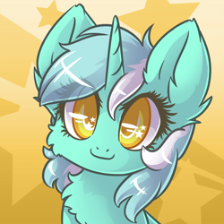 Size: 1000x1000 | Tagged: safe, artist:sapphfyr, lyra heartstrings, pony, unicorn, abstract background, bust, cheek fluff, chest fluff, colored pupils, cute, fluffy, hnnng, looking at you, lyrabetes, smiling, solo, starry eyes, weapons-grade cute, wingding eyes