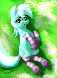 Size: 1920x2600 | Tagged: safe, artist:hardbrony, lyra heartstrings, chest fluff, clothes, grass, milestone, milestone celebration, on back, open mouth, smiling, socks, solo, striped socks