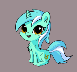 Size: 1354x1268 | Tagged: safe, anonymous artist, lyra heartstrings, pony, unicorn, brown background, cheek fluff, chest fluff, chibi, ear fluff, looking at you, open mouth, simple background, sitting, smiling, solo