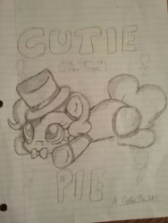 Size: 1200x1600 | Tagged: safe, artist:pinkiepie6680, pinkie pie, pony, bowtie, five nights at freddy's, hat, lined paper, monochrome, prone, solo, top hat, traditional art