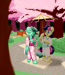 Size: 1614x1840 | Tagged: safe, artist:victoreach, bon bon, lyra heartstrings, sweetie drops, earth pony, pony, semi-anthro, unicorn, bipedal, bridge, cherry blossoms, clothes, eyes closed, female, flower, flower blossom, garden, hoof hold, kimono (clothing), lesbian, lyrabon, open mouth, river, shadow, shipping, smiling, stream, tree, umbrella, yukata