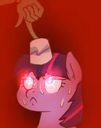 Size: 294x372 | Tagged: safe, artist:i am nude, derpibooru import, twilight sparkle, oc, oc:anon, human, pony, unicorn, :<, angry, cup, glare, glowing eyes, hand, imminent death, milkshake, paper cup, this will end in death, this will end in tears, this will end in tears and/or death