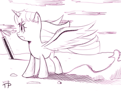 Size: 1115x836 | Tagged: safe, artist:thethunderpony, derpibooru import, twilight sparkle, twilight sparkle (alicorn), alicorn, pony, berserk, dragon slayer, female, mare, monochrome, serious face, sketch, solo, sword, windswept mane