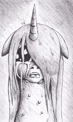 Size: 1460x2413 | Tagged: safe, artist:tunrae, princess celestia, alicorn, pony, black and white, crying, depressed, floppy ears, grayscale, monochrome, rain, sad, solo, traditional art, wet mane