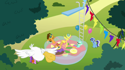 Size: 1280x720 | Tagged: safe, screencap, amethyst star, cheese sandwich, cherry berry, lemon hearts, lyra heartstrings, minuette, sparkler, warm front, pelican, pony, pinkie pride, balloon, punch (drink), punch bowl