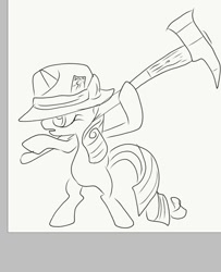 Size: 786x968 | Tagged: safe, artist:drunken bubblez, derpibooru exclusive, rarity, pony, unicorn, axe, bipedal, fedora, hat, sketch, solo, weapon