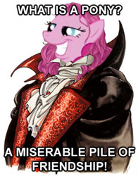 Size: 350x446 | Tagged: safe, pinkie pie, pony, undead, vampire, vampony, castlevania, castlevania: symphony of the night, dracula, image macro, meme, solo, what is a man