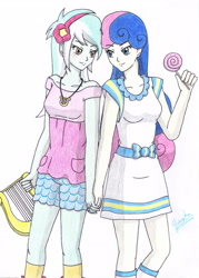 Size: 2399x3348 | Tagged: safe, artist:yumeiko-chan, bon bon, lyra heartstrings, sweetie drops, equestria girls, candy, clothes, female, food, lesbian, lollipop, lyrabon, lyre, shipping, traditional art