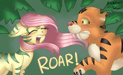 Size: 1656x1007 | Tagged: safe, artist:lamentedmusings, fluttershy, big cat, pegasus, pony, tiger, alternate timeline, chrysalis resistance timeline, eyes closed, roar, roar (song), solo, tribalshy