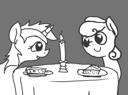 Size: 1173x877 | Tagged: safe, artist:orchid-to-the-winter, bon bon, lyra heartstrings, sweetie drops, earth pony, pony, unicorn, 30 minute art challenge, bust, candle, candlelight dinner, female, food, gray background, grayscale, heart eyes, lesbian, looking at each other, lyrabon, monochrome, pie, shipping, simple background, smiling, wingding eyes