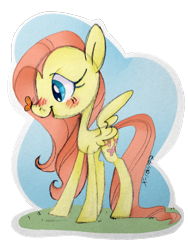 Size: 960x1280 | Tagged: safe, artist:psicommander, fluttershy, butterfly, pegasus, pony, insect on nose, looking at something, open mouth, profile, smiling, solo, spread wings, standing, sticker, traditional art, wings