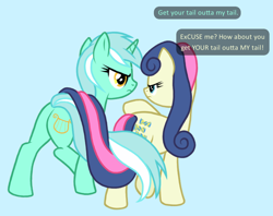 Size: 756x598 | Tagged: artist needed, safe, artist:anonymous, bon bon, lyra heartstrings, sweetie drops, earth pony, pony, unicorn, 4chan, angry, bon bon is not amused, dialogue, drawthread, duo, eye contact, female, frown, intertwined tails, looking at each other, lyra is not amused, mare, simple background, unamused