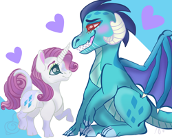 Size: 2500x2000 | Tagged: safe, artist:grateful-dead-raised, princess ember, rarity, classical unicorn, dragon, pony, unicorn, cloven hooves, emberity, female, leonine tail, lesbian, shipping