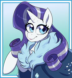 Size: 3000x3250 | Tagged: safe, artist:fox-pox, rarity, pony, unicorn, the last problem, spoiler:s09, blue background, blue eyes, clothes, cute, female, horn, mare, older, older rarity, raised hoof, robe, simple background, skunk stripe, smiling, solo