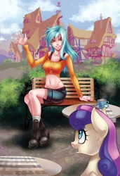 Size: 683x1000 | Tagged: safe, artist:limreiart, bon bon, lyra heartstrings, sweetie drops, earth pony, human, pony, fanfic:anthropology, belly button, bench, fanfic, fanfic art, female, food, grin, hooves, humanized, mare, meme, midriff, open mouth, ponyville, sitting, sitting lyra, smiling, tea, waving