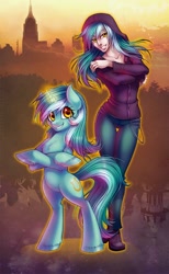 Size: 614x1000 | Tagged: safe, artist:limreiart, lyra heartstrings, human, pony, unicorn, fanfic:anthropology, bipedal, chest fluff, clothes, cutie mark, fanfic, fanfic art, fanfic cover, female, grin, hoodie, hooves, horn, human ponidox, humanized, magic, mare, self ponidox, smiling, unshorn fetlocks