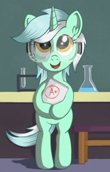 Size: 728x1133 | Tagged: safe, artist:negasun, lyra heartstrings, pony, unicorn, celestial advice, bipedal, cute, female, filly, filly lyra, lyrabetes, open mouth, safety goggles, smiling, solo, younger