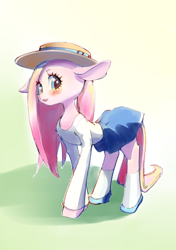 Size: 2039x2894 | Tagged: safe, artist:unousaya, pinkie pie, earth pony, pony, clothes, cute, female, hat, looking at you, mare, moe, pinkamena diane pie, shirt, shoes, skirt, skirt lift, smiling, socks, solo, summer dress