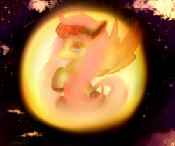 Size: 600x500 | Tagged: safe, artist:pipomanager-mimmi, fluttershy, pegasus, pony, bubble, floral head wreath, flower, looking at you, profile, raised hoof, solo, spread wings, wings