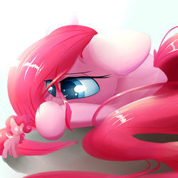 Size: 2800x2800 | Tagged: safe, artist:madacon, pinkie pie, earth pony, pony, female, mare, pinkamena diane pie, plushie, prone, sad, self plushidox, solo