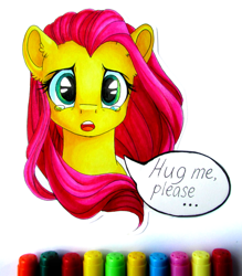 Size: 1365x1555 | Tagged: safe, artist:vird-gi, fluttershy, pegasus, pony, bronybait, bust, crying, cute, hug request, looking at you, markers, open mouth, portrait, shyabetes, solo, speech bubble, teary eyes, traditional art