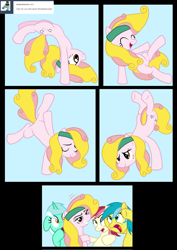 Size: 1189x1676 | Tagged: safe, lemony gem, lyra heartstrings, roseluck, oc, oc:dosey doe, pony, backbend, breakdance