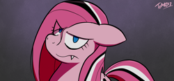 Size: 1280x600 | Tagged: safe, artist:tomazii7, pinkie pie, pony, 30 minute art challenge, fangs, floppy ears, gothic pinkie, looking at you, pinkamena diane pie, solo