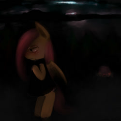 Size: 600x600 | Tagged: safe, artist:pipomanager-mimmi, fluttershy, bat pony, pony, bipedal, crying, flutterbat, glasses, night, race swap, solo