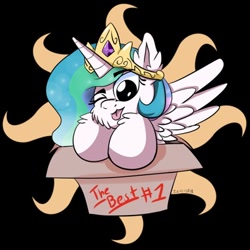 Size: 400x400 | Tagged: safe, artist:viejillox64art, princess celestia, alicorn, pony, black background, box, chibi, crown, jewelry, looking at you, one eye closed, pony in a box, regalia, simple background, solo, sticker, sun, tongue out, wings