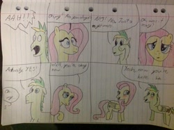 Size: 2592x1936 | Tagged: safe, artist:didgereethebrony, fluttershy, oc, oc:didgeree, pegasus, pony, lined paper, shipping fuel, traditional art