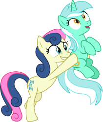 Size: 3001x3558 | Tagged: safe, artist:cloudyglow, artist:parclytaxel, artist:zutheskunk edits, bon bon, lyra heartstrings, sweetie drops, earth pony, pony, unicorn, rock solid friendship, carrying, female, high res, lesbian, lyrabon, mare, shipping, simple background, smiling, transparent background, vector