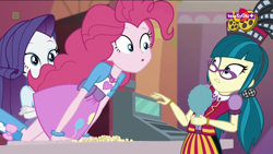 Size: 1600x900 | Tagged: safe, screencap, juniper montage, pinkie pie, rarity, equestria girls, mirror magic, spoiler:eqg specials, cash register, cute, female, food, geode of sugar bombs, glasses, magical geodes, mirror, pigtails, popcorn, raised leg, teletoon, trio