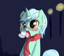 Size: 800x700 | Tagged: safe, artist:ehfkdl569, lyra heartstrings, pony, unicorn, blushing, clothes, cold, scarf, solo, streetlight, visible breath