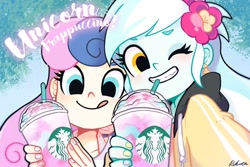 Size: 700x467 | Tagged: safe, artist:rikuta, bon bon, lyra heartstrings, sweetie drops, equestria girls, clothes, drink, duo, grin, hoodie, smiling, starbucks, unicorn frappuccino